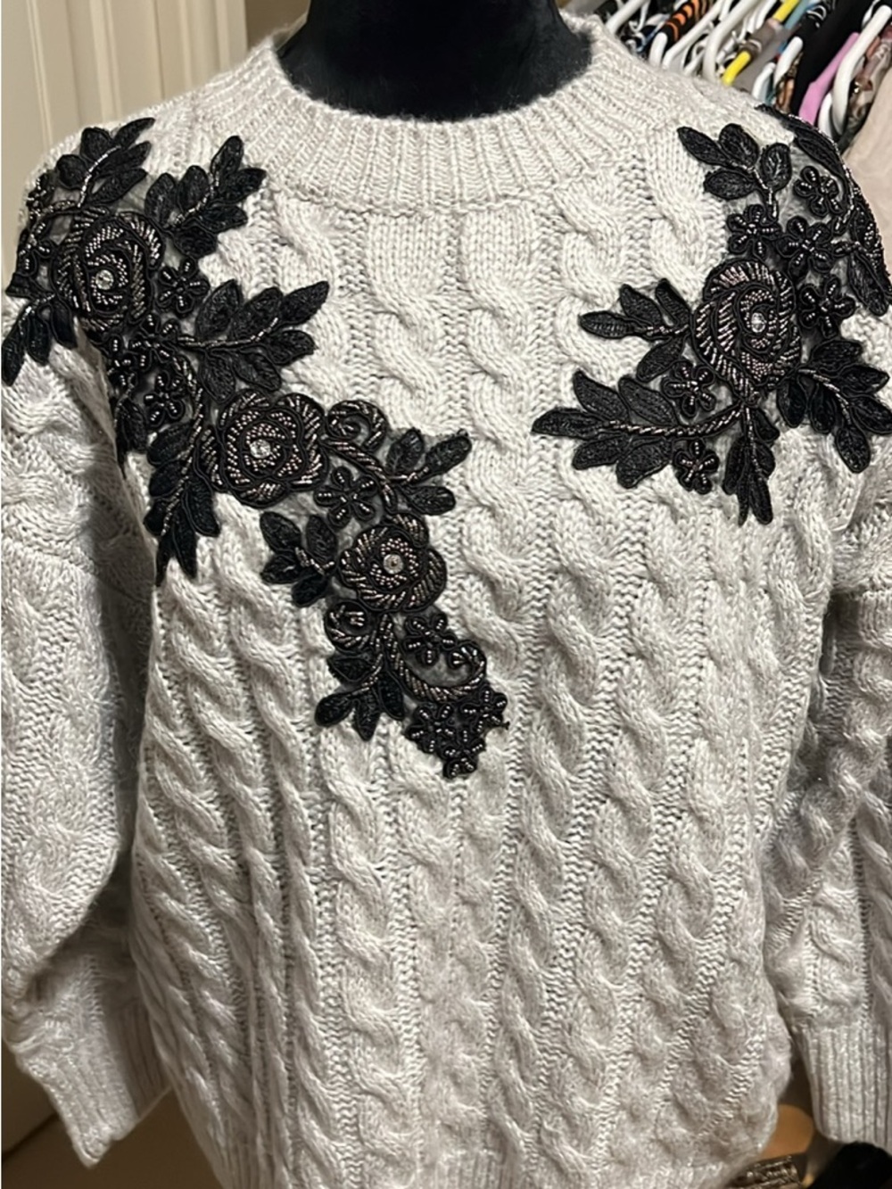 Topshop Cream Cable Knit Sweater with Black Floral Appliqué
